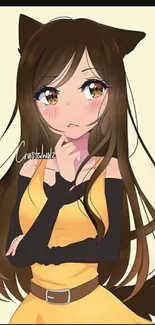 Anime cat girl with long brown hair and thoughtful expression.