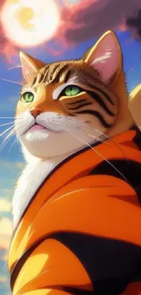 Anime-style cat in orange robe against a dramatic sunset sky wallpaper.