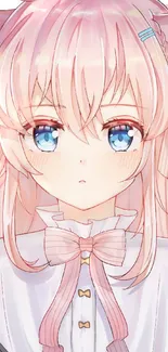 Anime catgirl with pastel pink hair and blue eyes in a cute aesthetic style.