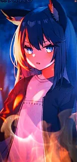 Anime catgirl holding a flame in a dark scene.