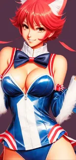 Anime catgirl with red hair wearing a blue and white costume.