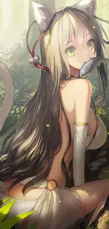 Anime catgirl with long hair in a sunlit forest scene.