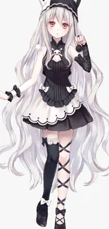 Anime catgirl with silver hair and gothic style outfit on mobile wallpaper.