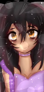 Anime catgirl with brown eyes and purple accents on phone wallpaper.