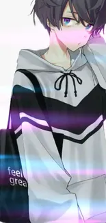 Anime character in monochrome hoodie with colorful light streaks.