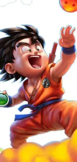 Anime character joyfully reaching for a dragon ball.