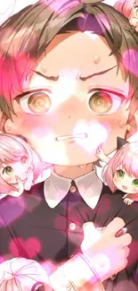 Anime character surrounded by pink-haired fairies on a pastel background.