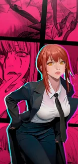 Anime character in suit with vivid pink background.