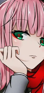 Anime character with pink hair and green eyes in vibrant art style.