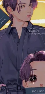 Anime character with purple hair on yellow background.