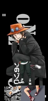 Anime character with a stylish hat and dynamic pose on black background.