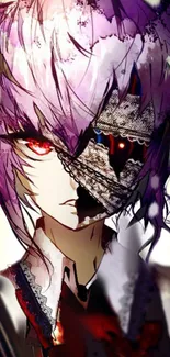 Mysterious anime character with purple hair and red eye in artful wallpaper.