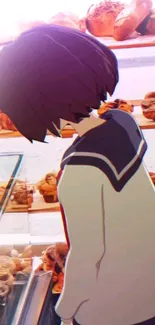 Anime character in a bakery with assorted pastries.