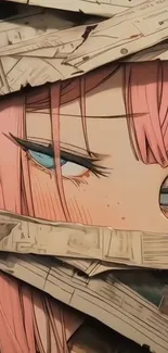 Anime girl peers through a newspaper.