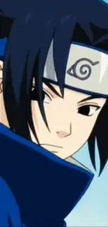 Anime character with dark hair and blue attire gazing intensely.