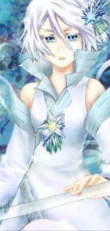 Anime character with blue and white theme, fantasy design.