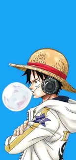 Anime character with straw hat on blue background.