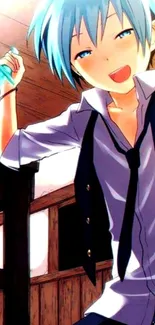 Anime character with blue hair smiling brightly in a vibrant setting.