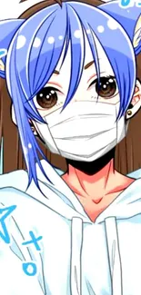 Anime character with blue hair and mask, cartoon style, mobile wallpaper.