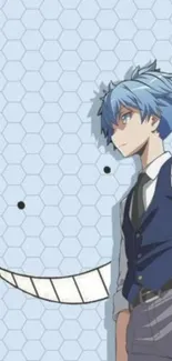 Anime character with blue hair and hexagonal background wallpaper.