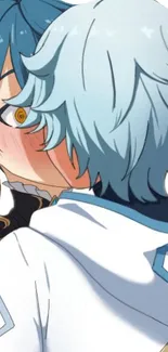 Anime character with blue hair and a blushing face in an expressive pose.