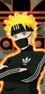 Anime character with a camouflage background and orange outlines.