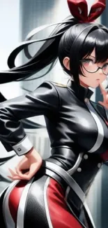 Anime character in a cityscape with black and red outfit, wearing glasses.