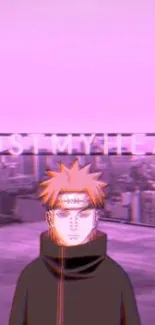 Anime character stands on rooftop with purple cityscape background.