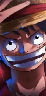 Close-up of a grinning anime character with a straw hat and vibrant colors.