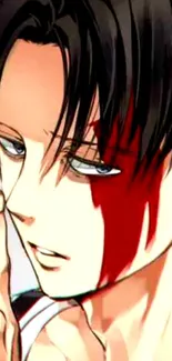 Anime character with striking red mark and dark hair, close up portrait.