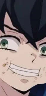 Close-up of anime character with green eyes and expressive smile.