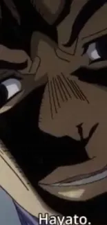 Close-up of an anime character with bold, expressive features.