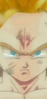 Close-up of intense anime character with vibrant golden background.