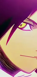 Intense close-up of an anime character with vibrant purple and yellow hues.