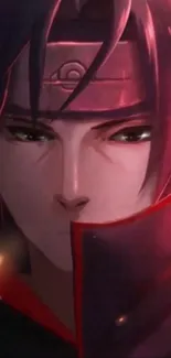 Close-up of anime character with red hues and expressive eyes.