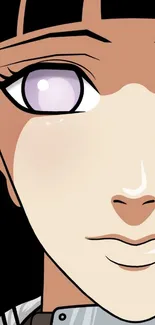 Close-up of anime character with peach skin and intense eyes.