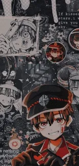 Anime character collage wallpaper with dark tones.