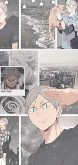 Anime character collage featuring cityscape and monochrome elements.