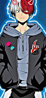 Anime character in a stylish jacket with blue background.