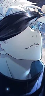 Anime character with black blindfold and icy blue tones.