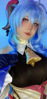 Anime character with blue hair in cosplay.