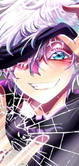 Anime character with cracked glass effect in vibrant colors.