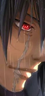 Anime crying character with red eyes in dramatic scene.