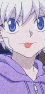 Cute anime character with white hair and blue eyes, wearing a purple hoodie.