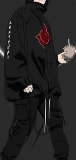 Anime character in dark outfit with boba drink.