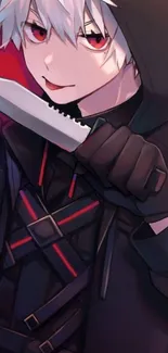 Anime character with dark hood and red eyes holding a knife.