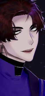 Anime character with dark aesthetic and purple tones in starry background.