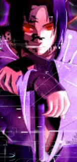 Anime character with dark and vivid purple aesthetics.