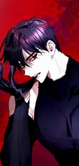 Anime character in dark attire with a vivid red background.