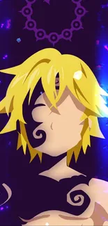 Anime character with dark purple background and blonde hair, stylized design.